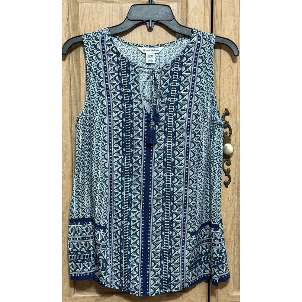 Tommy Bahama Sleeveless Tank Top Womens XS Blue Green Geometric Print Tassel Tie
